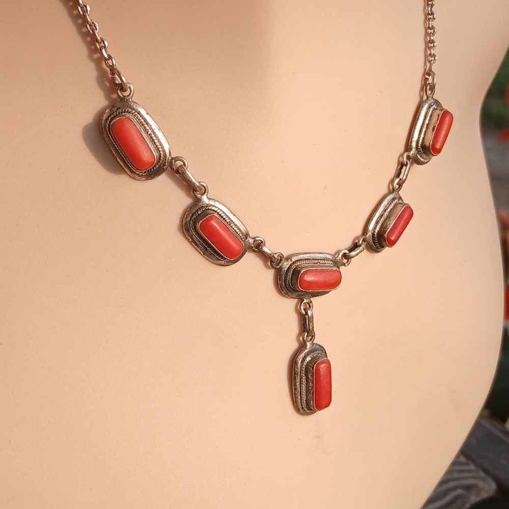 Native American Made Sterling Coral Cobochon Y Necklace
